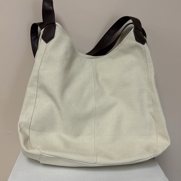 Canvas Shoulder Bag/Tote Bag Cream/Ivory W/Brown Lining 3 Compartments - Picture 9 of 9